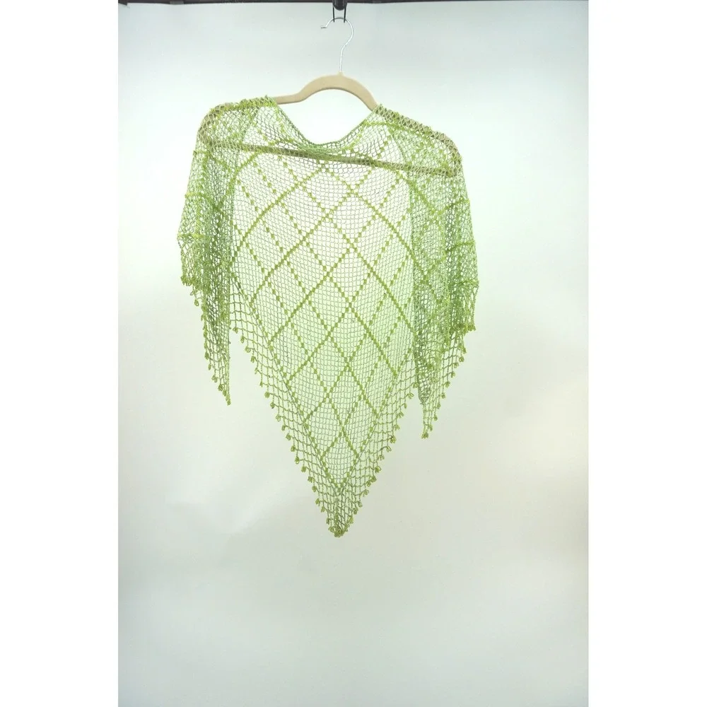 Crochet Beaded Triangle Shawl Wrap Boho Fairycore Lime Green One Size